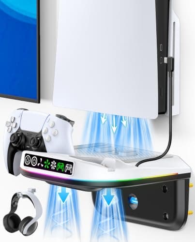 PS5 Wall Mount Kit with Cooling Fan and Charging Station Compatible with PS5/ Slim/Pro Disc and Digital, PS Five Floating Shelf with 9 RGB Lights, PS 5 Mount Behind TV, Sony PSP Cables